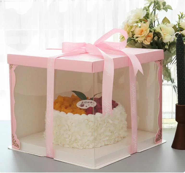 Custom Logo Strong Pet Tall Clear Plastic Wholesale Paper Pink Cake Packaging Box