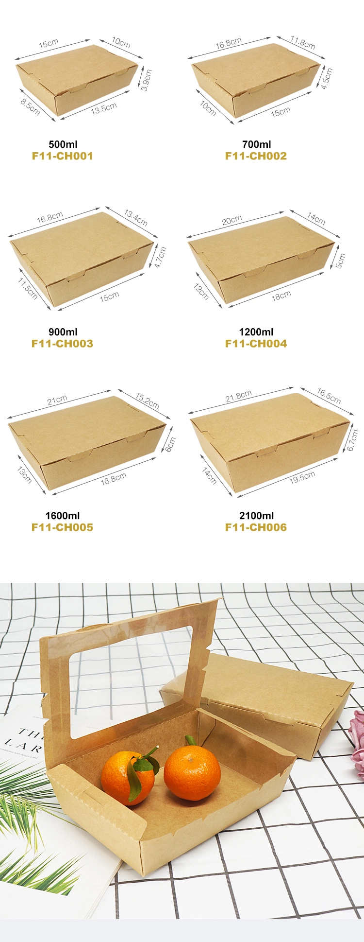 Paper Fast Food Package Box Disposable Food Packaging Kraft Paper Fruit Salad Box with Clear Pet Window for Sushi and Salad