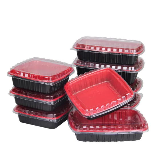 1000ml Hot Selling PP Red Based Plastic Disposable Food Box with Clear Lid 